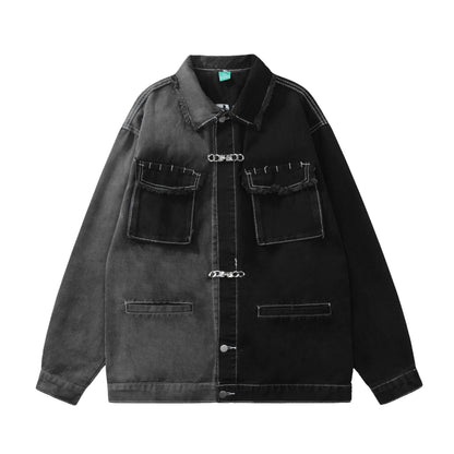 Oversized Two-Tone Denim Jacket Chain Detail Washed Vintage Streetwear Casual Fall Outerwear