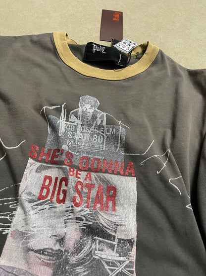 Paly Hollywood Star 80 Color Block Long Sleeve Tee Washed Distressed Vintage Movie Poster Print Contrast Sleeve Streetwear Top | Star 80