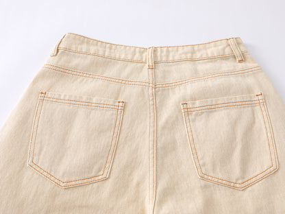 Colorful Button Embellished Wide Leg Denim Shorts Arc Seam Detail High Waist Casual Streetwear Baggy Jean Shorts | Button Row
