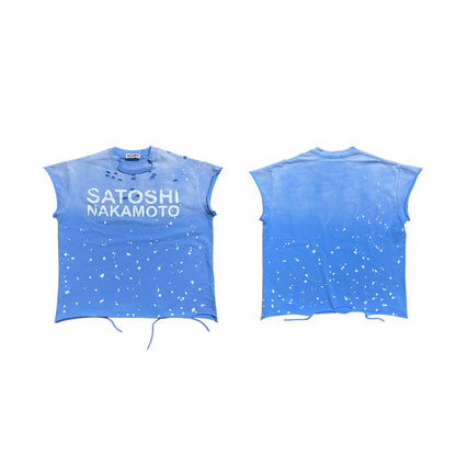 Satoshi Nakamoto Luke Destroyed Sleeveless Tee Splatter Paint Distressed Washed Heavyweight Cotton Vest Streetwear Tank Top | Ink Wreck