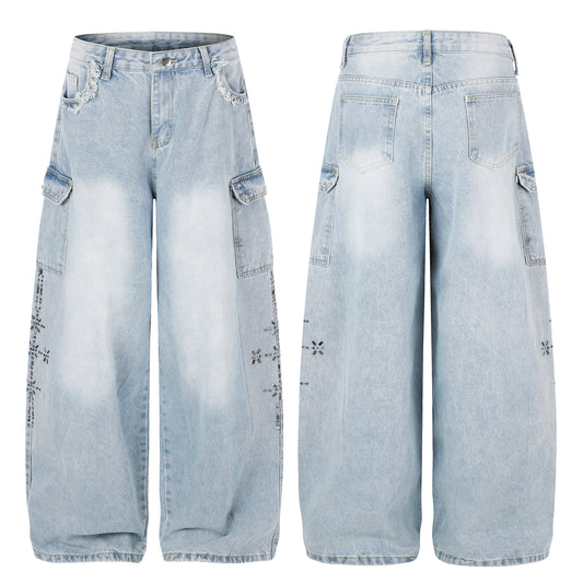 Women's Lace Trim Rhinestone Floral Cargo Wide Leg Jeans High Waist Light Wash Casual Streetwear Denim Pants