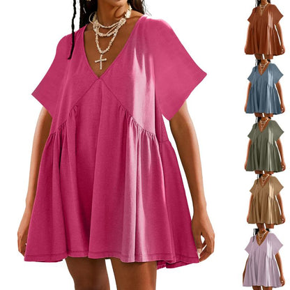 Womens Summer Mini Dress Casual Short Sleeve Loose V Neck Flowy Sundress Vacation Tshirt Sun Dress