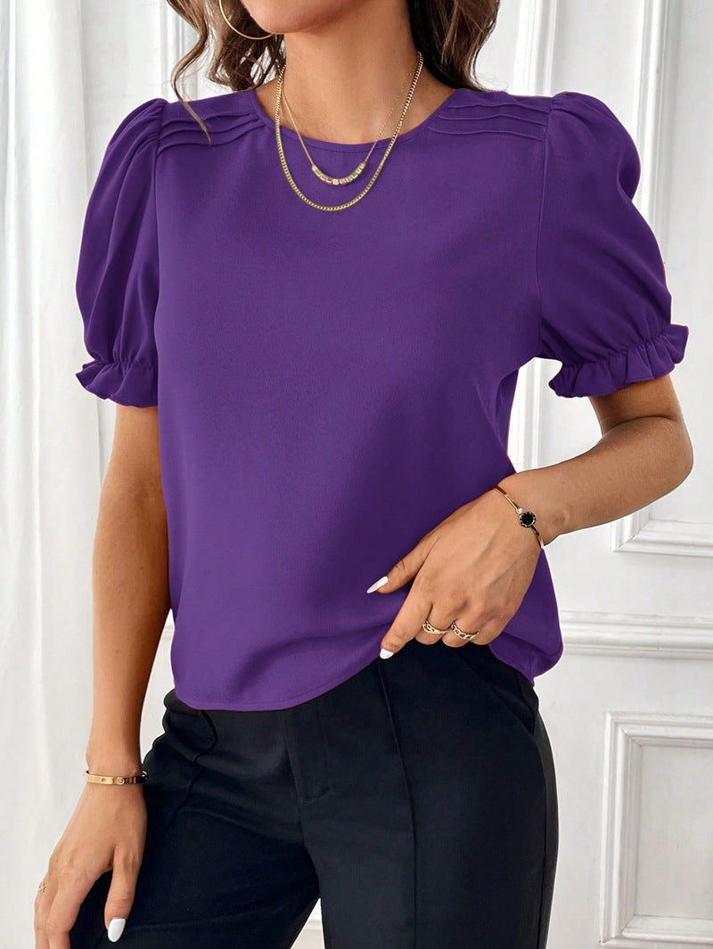 2024 summer new style fashionable temperament pure color round collar shirt top