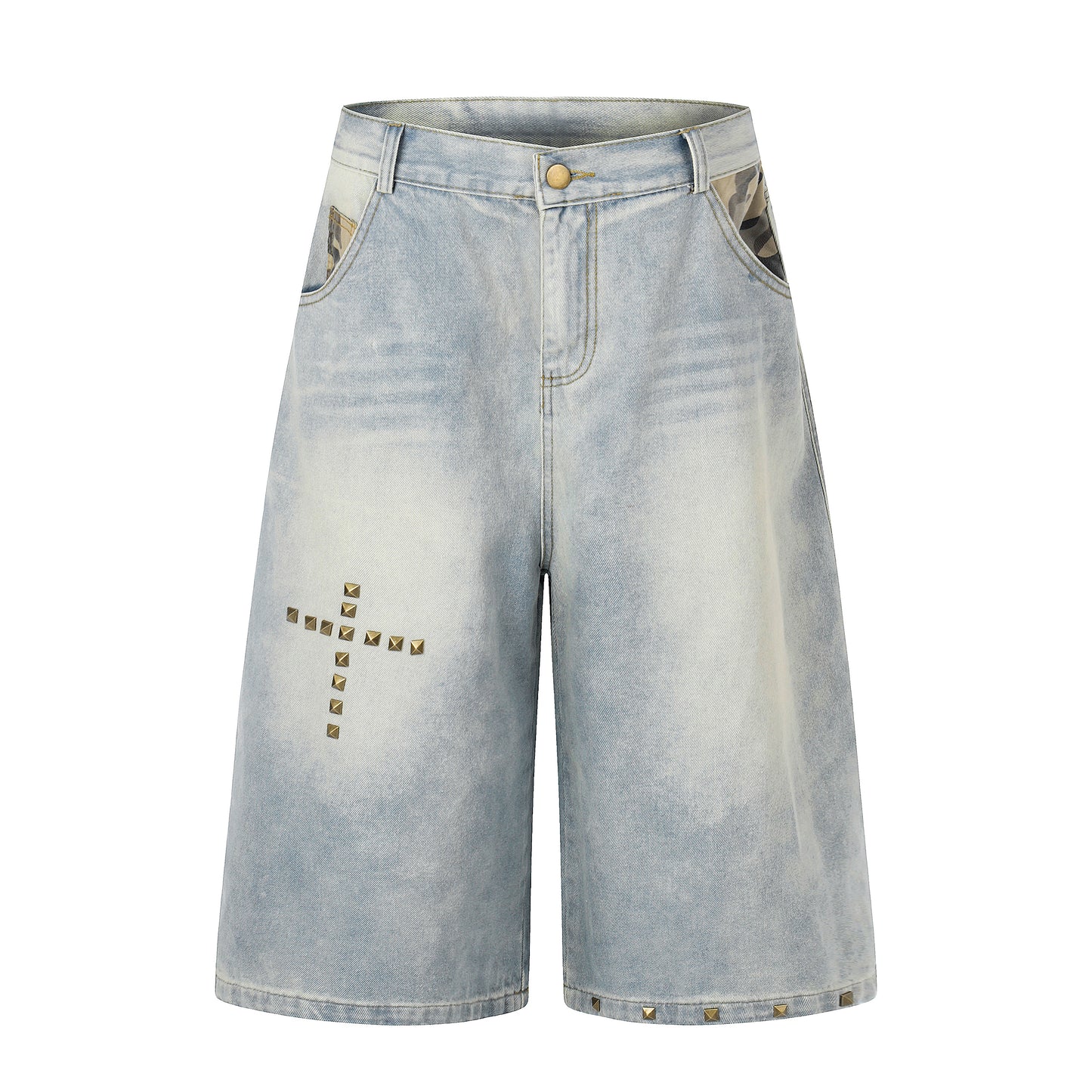 Women's Cross Rivet Camo Patch Wide Leg Denim Shorts - Blue Front Cross Rivet Detail