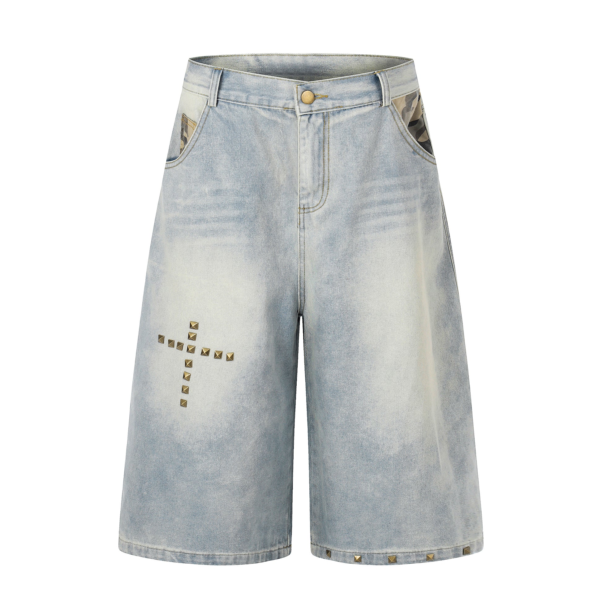 Women's Cross Rivet Camo Patch Wide Leg Denim Shorts - Blue Front Cross Rivet Detail