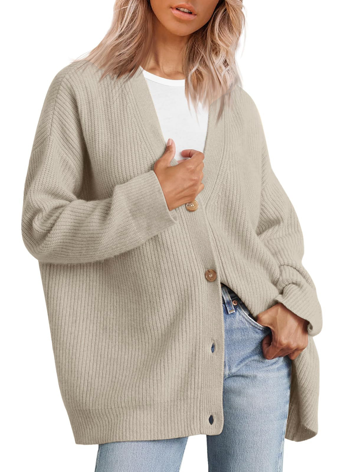 LILLUSORY Kvinnor Oversized Cardigan Tröja Höstoutfits Tyg Mode V-ringad Stickad Knapp Fram Casual Trendiga Toppar