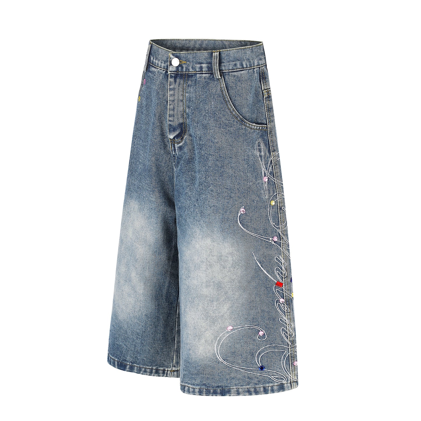 Women's Script Embroidery Rhinestone Wide Leg Denim Shorts High Waist Washed Casual Streetwear Jean Shorts
