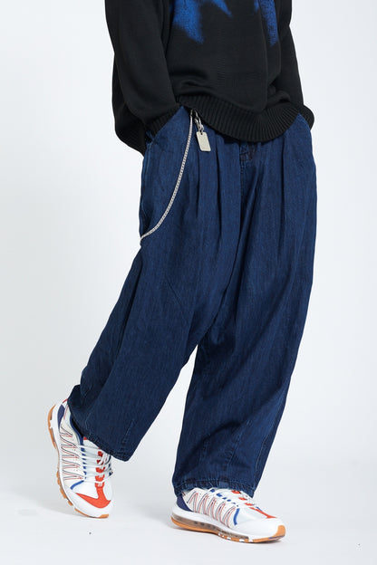 Pleated Wide Leg Denim Jogger Pants Elastic Waist Chain Detail Balloon Fit Streetwear Y2K Jeans