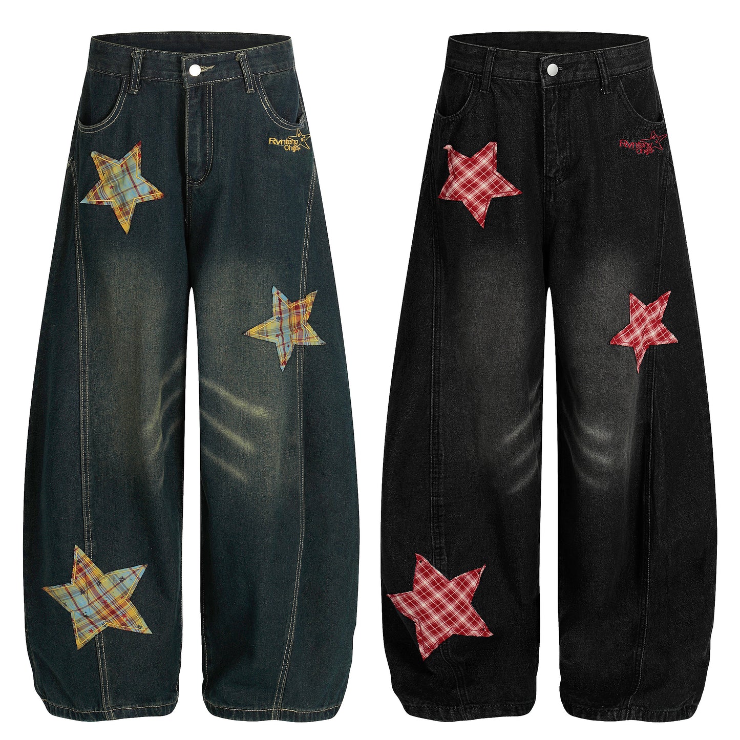 Women's Rvnteng Plaid Star Patch Balloon Wide Leg Denim Jeans - Blue Back Panel Detail