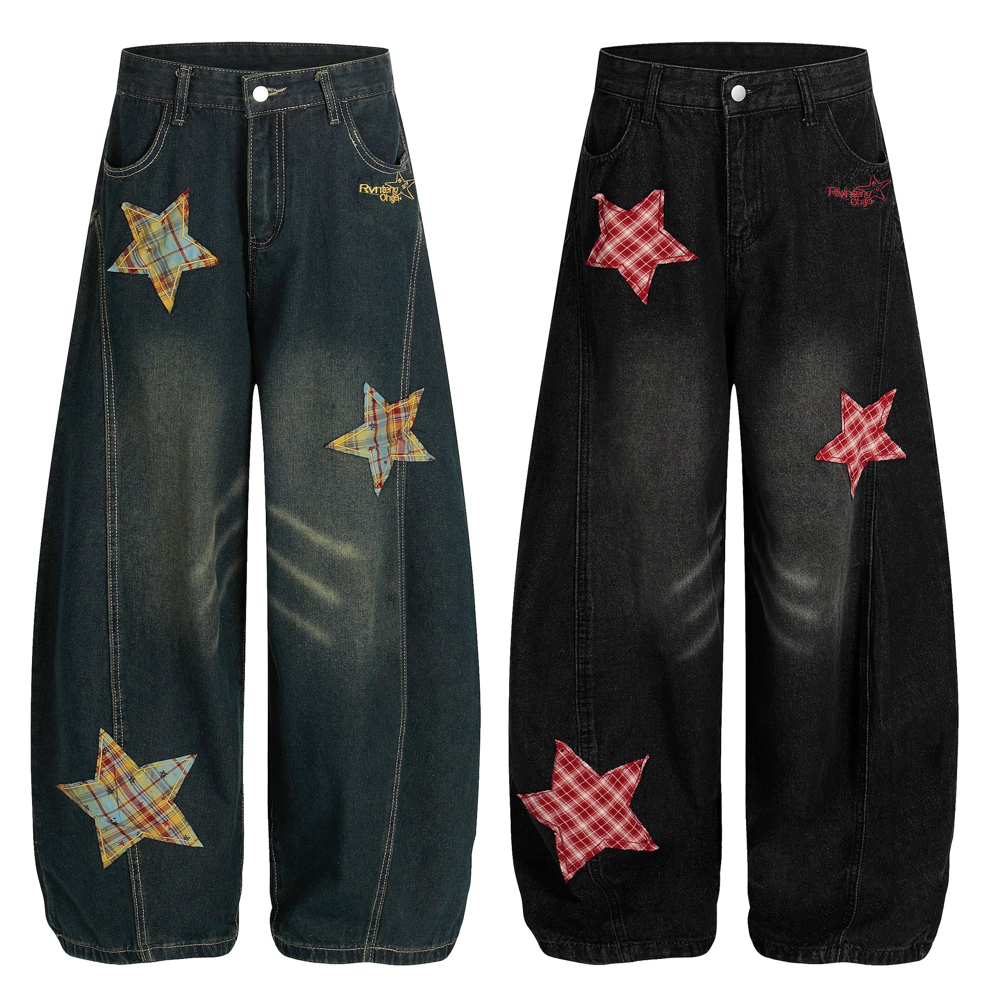 Women's Rvnteng Plaid Star Patch Balloon Wide Leg Denim Jeans - Blue Back Panel Detail