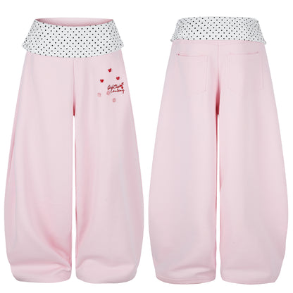 Women's Girls Club Conteng Embroidery Polka Dot Fold-Over Waistband Balloon Wide Leg Sweatpants Casual Sweet Jogger Pants