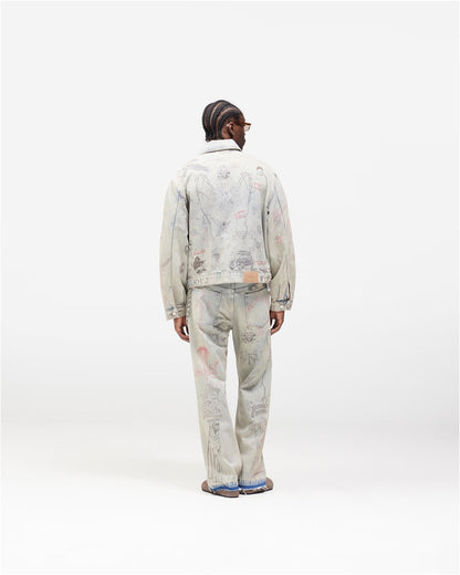 Represent Sketch Allover Print Denim Jacket Heavy Washed Distressed Oversized Short Trucker Streetwear | Rept Sketch