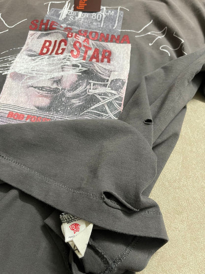 Paly Hollywood Star 80 Color Block Long Sleeve Tee Washed Distressed Vintage Movie Poster Print Contrast Sleeve Streetwear Top | Star 80
