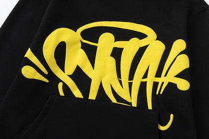 Black and Yellow Graphic Hoodie and Joggers Tracksuit Set, Kangaroo Pocket Two Piece Streetwear Outfit