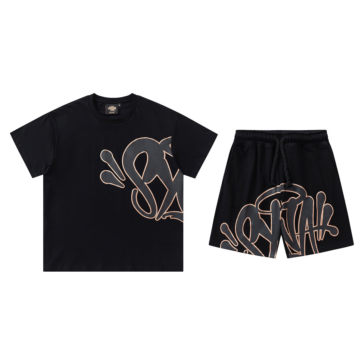 Black unisex graphic T-shirt and drawstring shorts set with outlined graffiti-style artwork - view 19