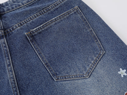 Cartoon Sticker Print Wide Leg Denim Shorts Plaid Handkerchief Waist Detail High Waist Casual Streetwear Baggy Jean Shorts | Sticker Hanky