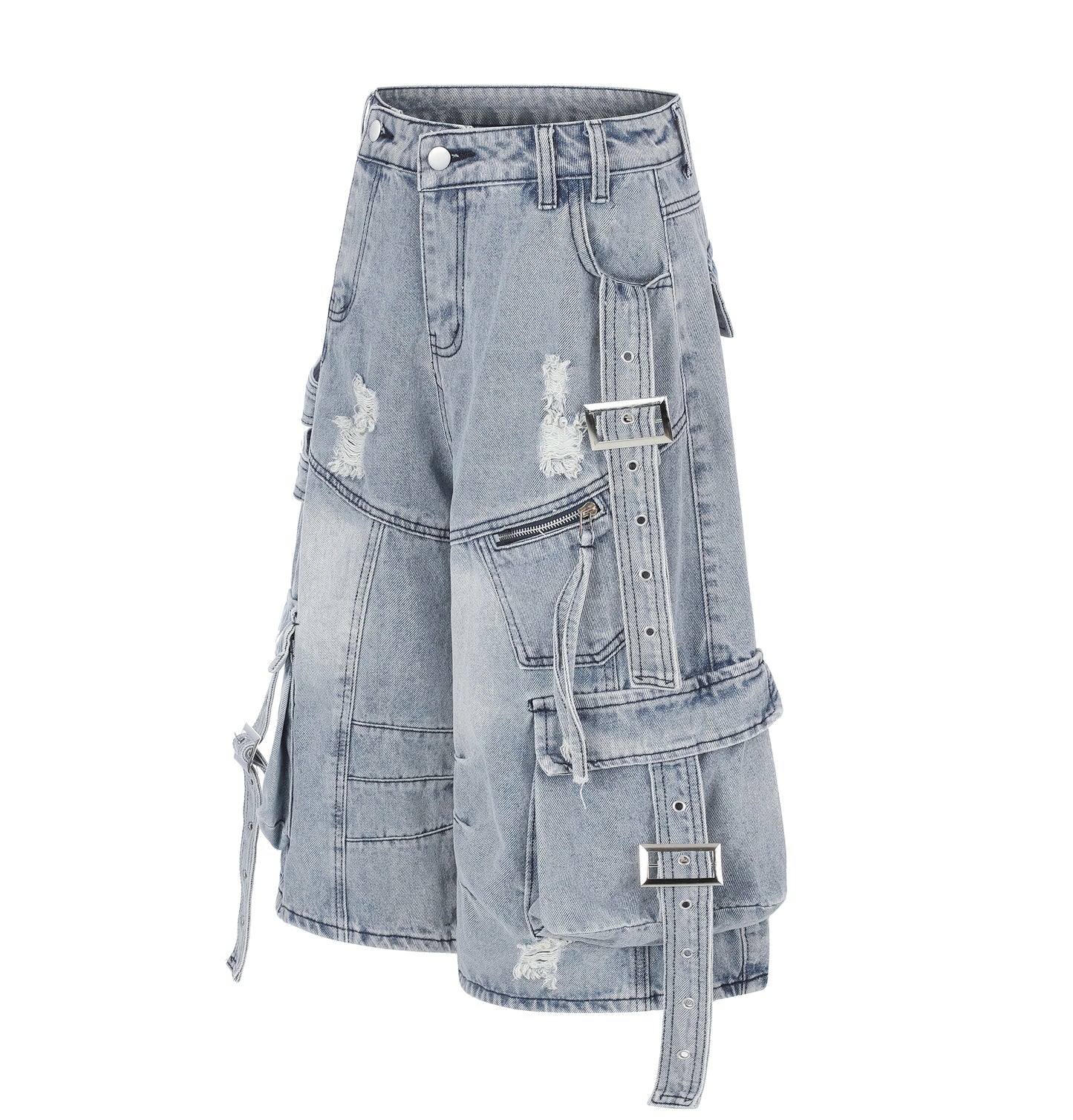 Women's Multi-Pocket Buckle Strap Distressed Denim Shorts High Waist Wide Leg Raw Hem Casual Streetwear Jean Shorts