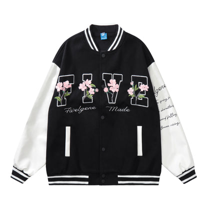 Oversized Floral Embroidery Baseball Jacket Snap Button Color Block Streetwear Casual Fall Outerwear