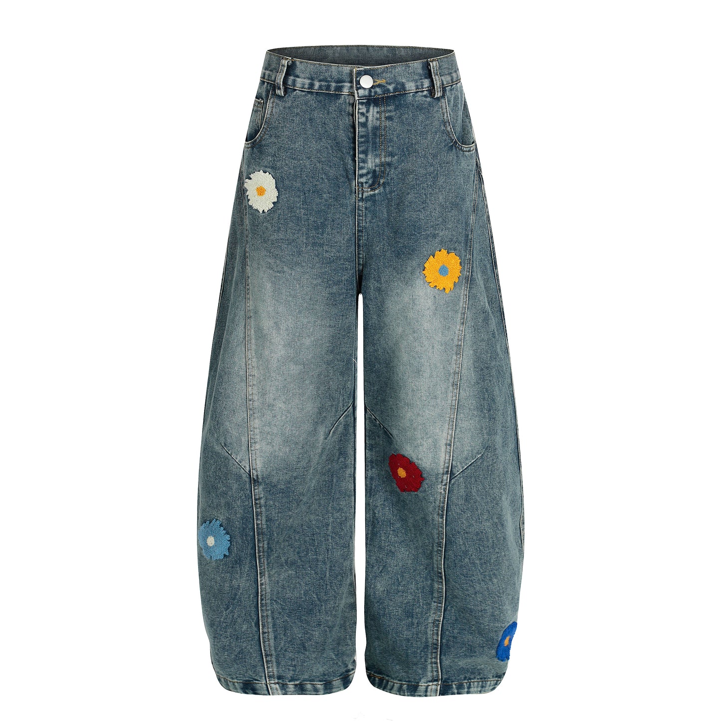 Women's Multicolor Daisy Floral Embroidery Balloon Wide Leg Denim Jeans - Blue Side View 2