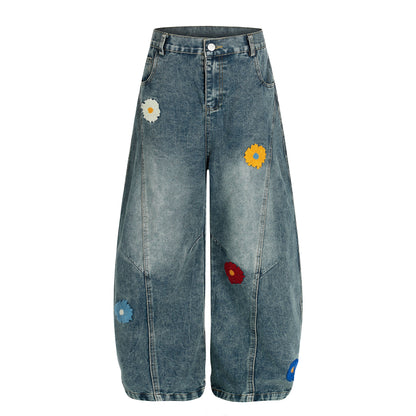 Women's Multicolor Daisy Floral Embroidery Balloon Wide Leg Denim Jeans High Waist Y2K Streetwear Baggy Jean Pants