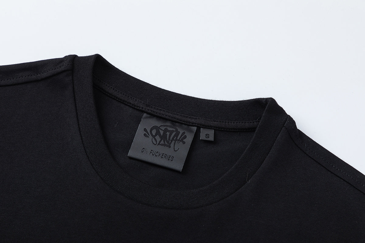 Black SATTAK unisex crew neck T-shirt with orange chest and large back graphic - view 19