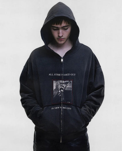 Stretched Out Thermal Lined Zip Up Hoodie - Washed Black
