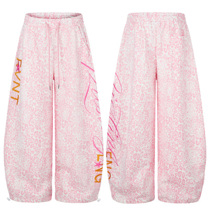 Women's Pink Leopard Print Letter Embroidery Drawstring Wide Leg Pants High Waist Elastic Waist Casual Streetwear Trousers
