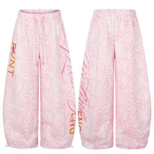 Women's Pink Leopard Print Letter Embroidery Drawstring Wide Leg Pants High Waist Elastic Waist Casual Streetwear Trousers