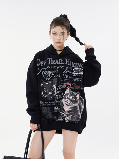 Off Trail Hiking Rough Terrain Dual Cat Newspaper Graphic Oversized Hoodie Streetwear Y2K Sweatshirt