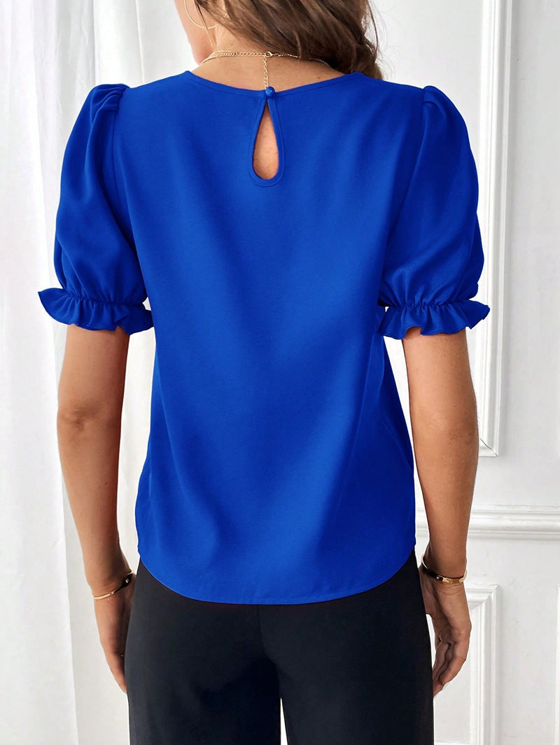 2024 summer new style fashionable temperament pure color round collar shirt top