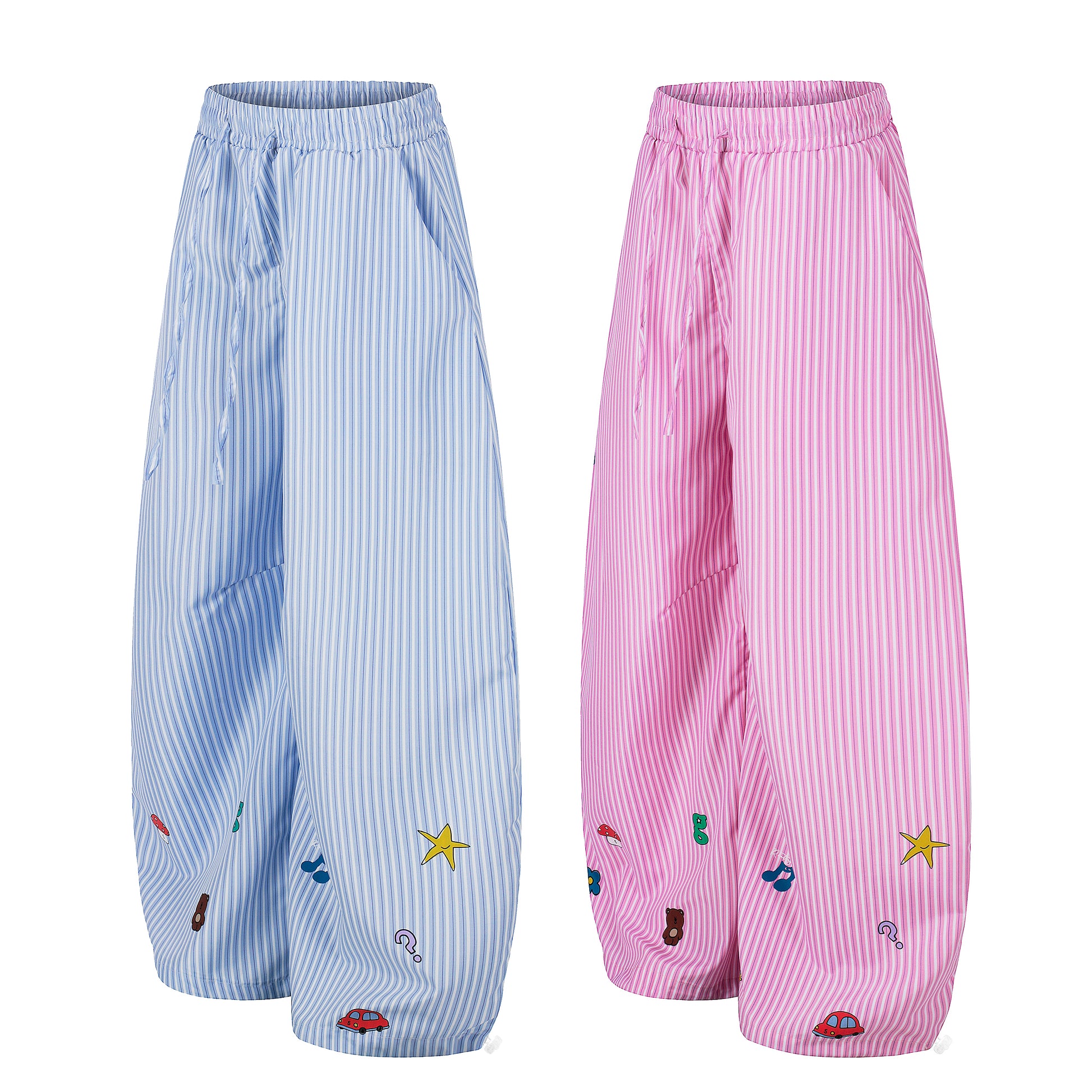 Women's Cartoon Embroidery Pinstripe Balloon Wide Leg Pants - Pink Back View