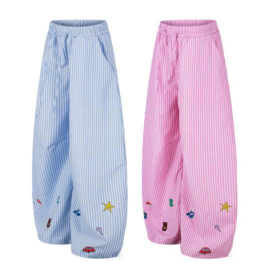 Women's Cartoon Embroidery Pinstripe Balloon Wide Leg Pants - Pink Back View