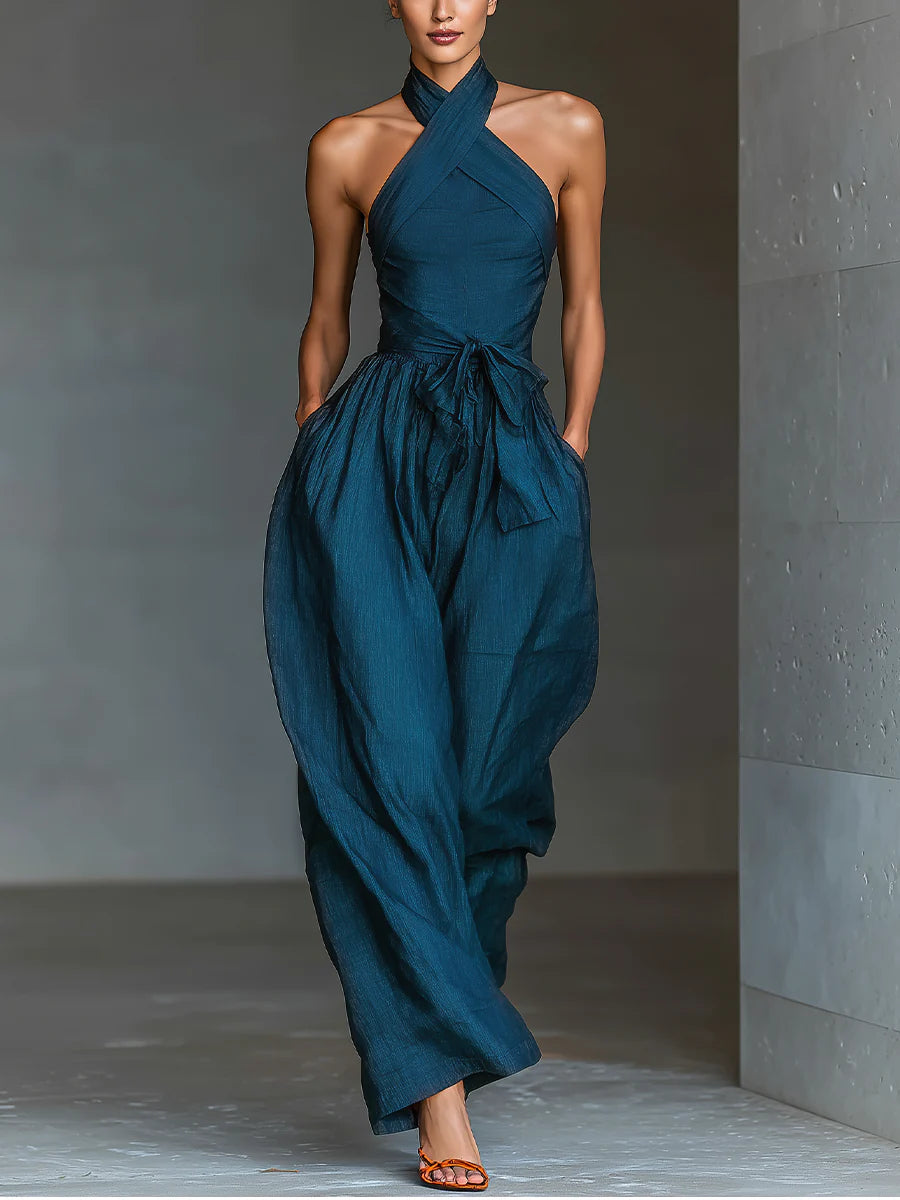 Women's Halter Neck Jumpsuit Wide Leg One Piece Elegant High Waist Casual Outfit - Seldom Seen Styles