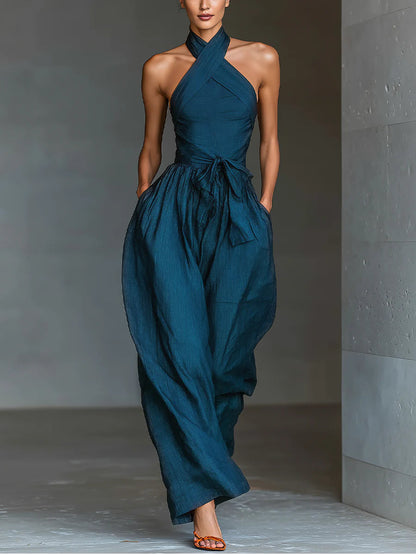 Women's Halter Neck Jumpsuit Wide Leg One Piece Elegant High Waist Casual Outfit