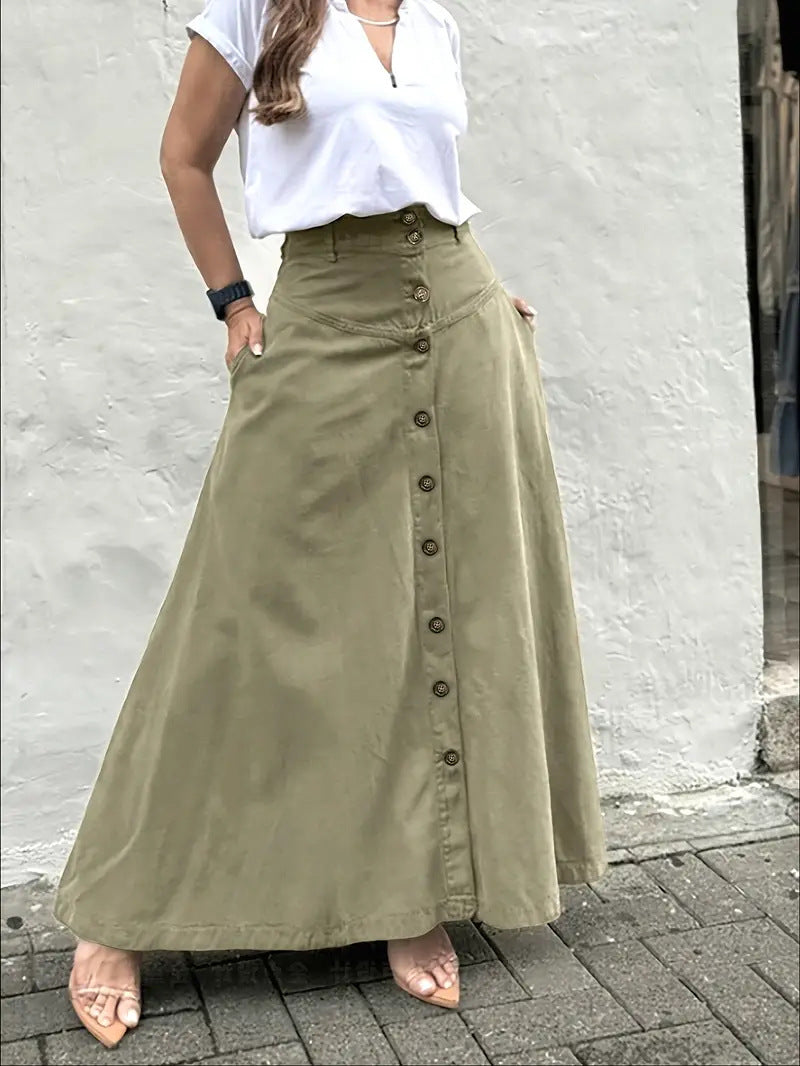 Women's A-Line Cotton Skirt Elastic Waist Casual Midi Skirt Patch Pocket Summer Everyday Outfit - Seldom Seen Styles