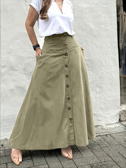 Women's A-Line Cotton Skirt Elastic Waist Casual Midi Skirt Patch Pocket Summer Everyday Outfit