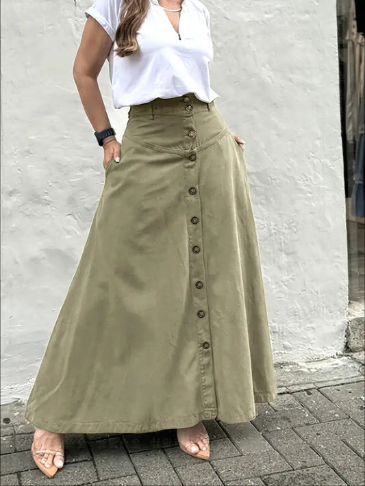 Women's A-Line Cotton Skirt Elastic Waist Casual Midi Skirt Patch Pocket Summer Everyday Outfit - Seldom Seen Styles