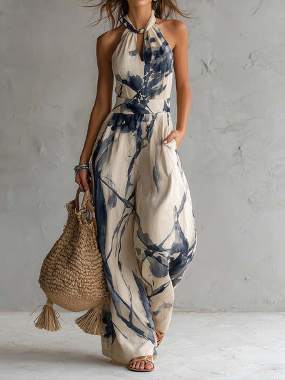 Women's Halter Neck Ink Wash Print Wide Leg Jumpsuit High Waist Side Pockets Artistic Summer Casual Vacation Outfit