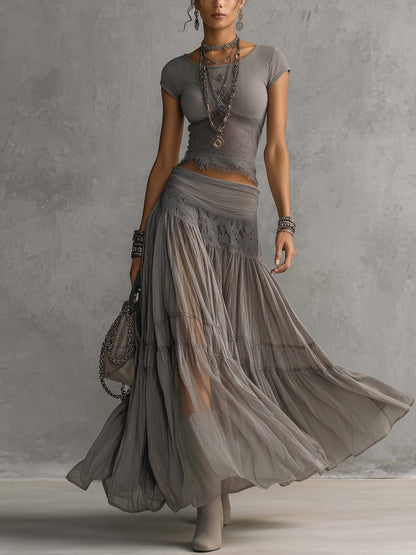 Women's Sheer Lace Panel Chiffon Top Pleated Maxi Skirt Set Bohemian Elegant Summer Evening Party Wedding Guest Two Piece Outfit
