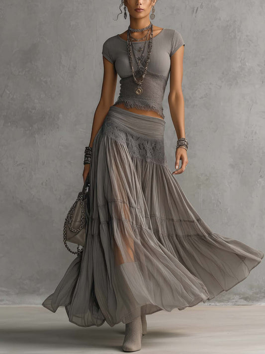 Women's Sheer Lace Panel Chiffon Top Pleated Maxi Skirt Set Bohemian Elegant Summer Evening Party Wedding Guest Two Piece Outfit