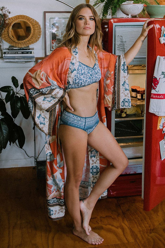 Floral Crane Print Kimono With Belt - Seldom Seen Styles