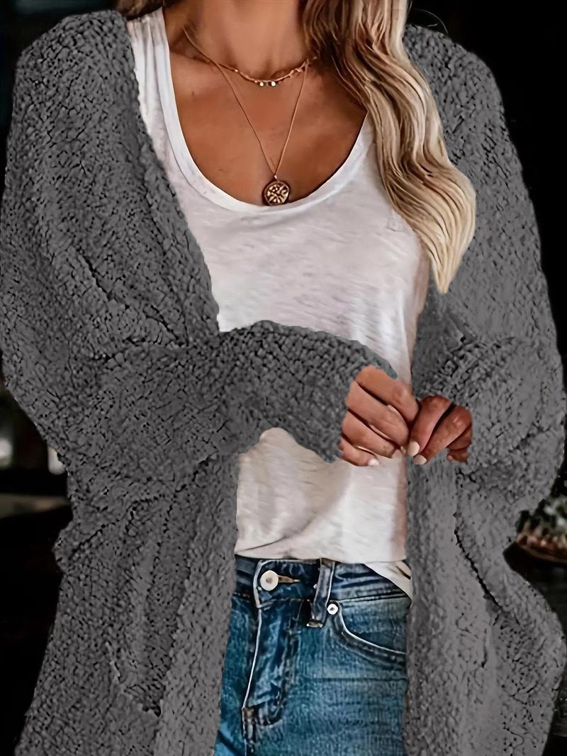 Women's Plain Pocket Batwing Sleeve Cardigan, Casual Long Sleeve Open Front Knitwear for Fall & Winter, Women's Knit Clothing for Daily Wear - Seldom Seen Styles