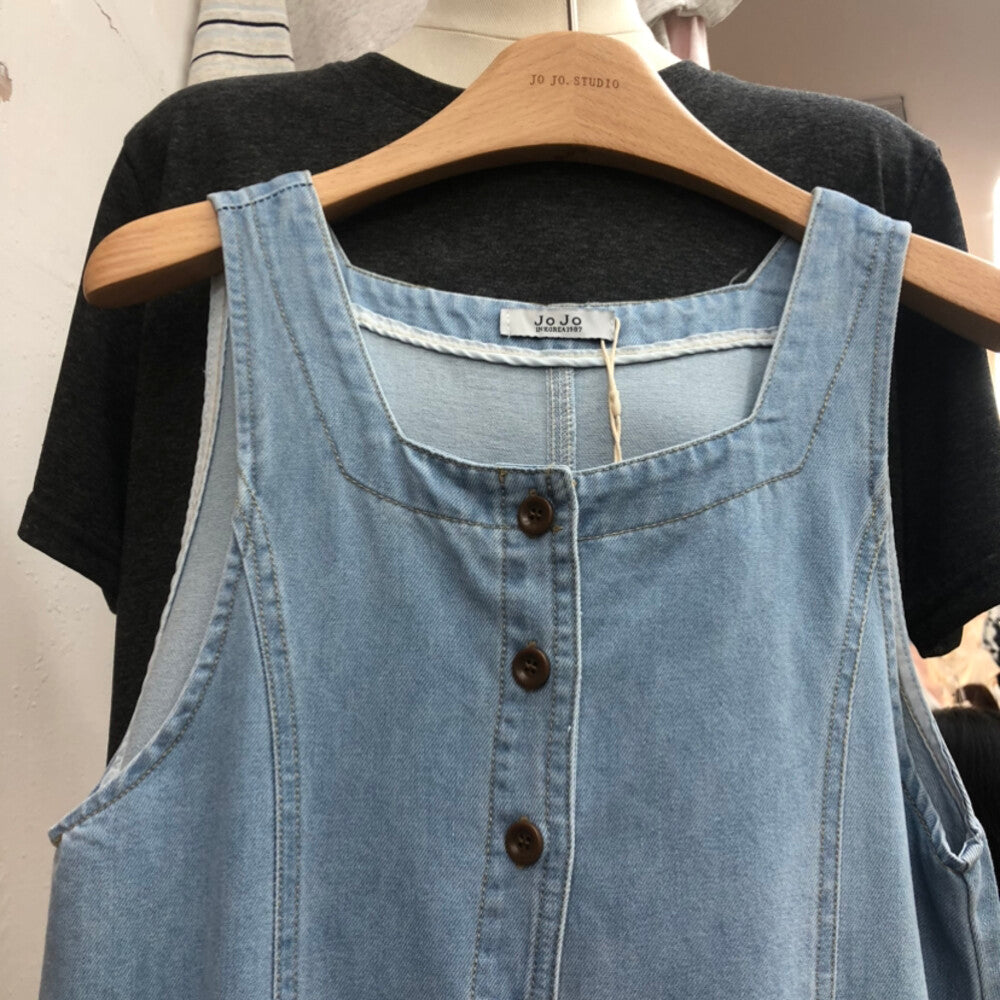 Women's Light Blue Denim Sleeveless Maxi Dress Square Neck Button Front Cotton Jean Dress - Seldom Seen Styles