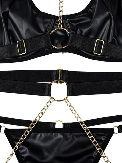 Women's Exotic Lingerie Sets Sexy Strappy Leather Rave Outfits Babydoll Garter with Underwire Push Up Bra and Chains