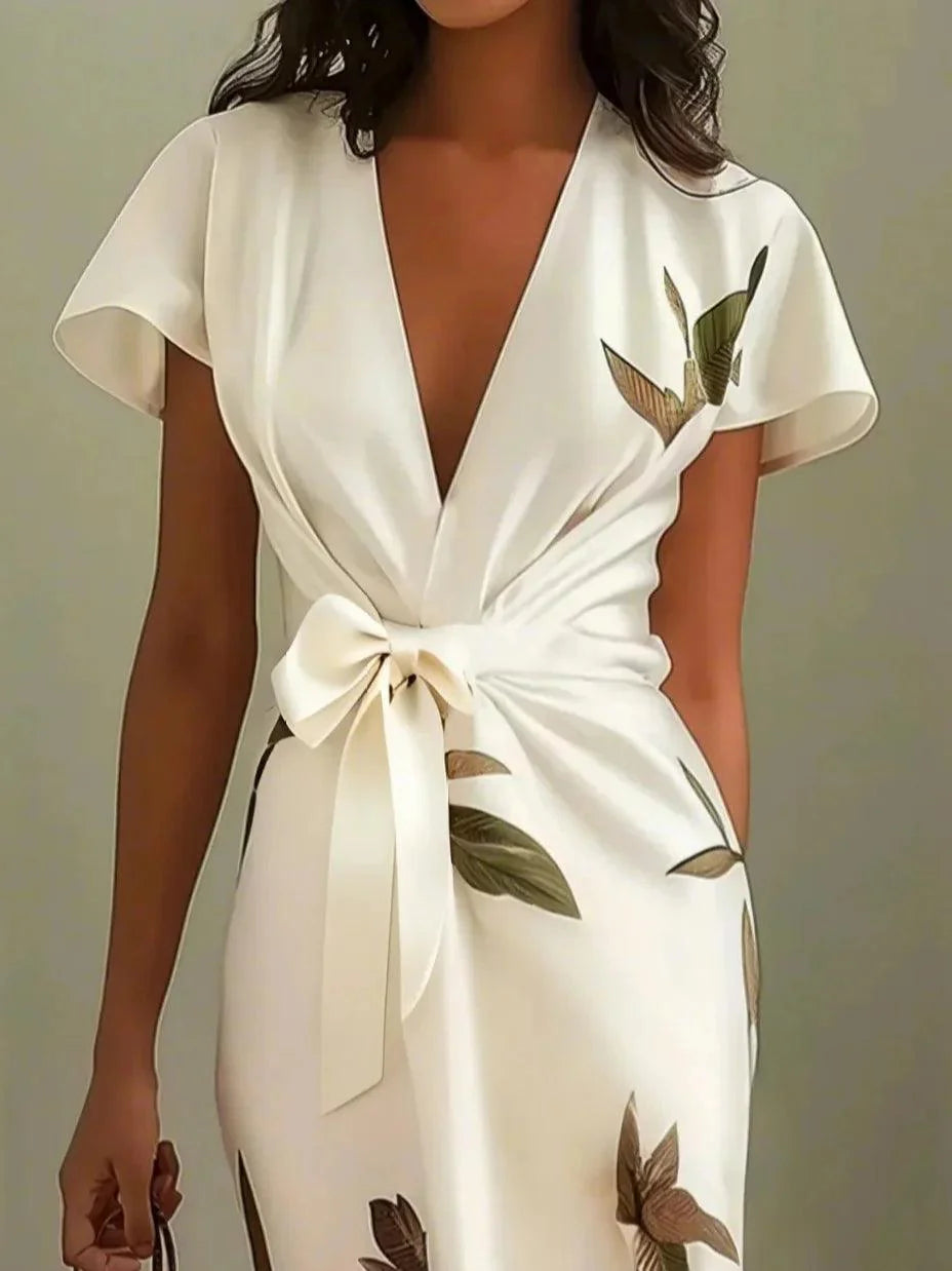 White Leaf Short Sleeve Satin Wrap Sheath Midi Dress - Seldom Seen Styles