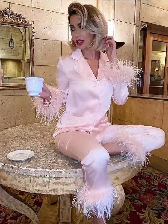 Xiaran women's satin pajama set feather trim bridal long sleeve pocketed lounge sets sleepwear