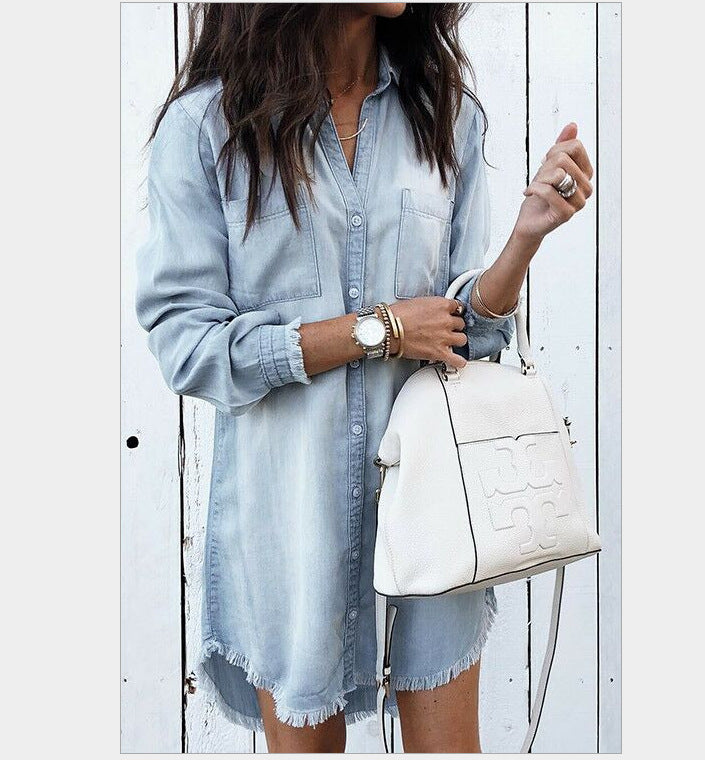 Women Denim Shirt Dresses Long Sleeve Distressed Jean Dress Button Down Casual Tunic Top