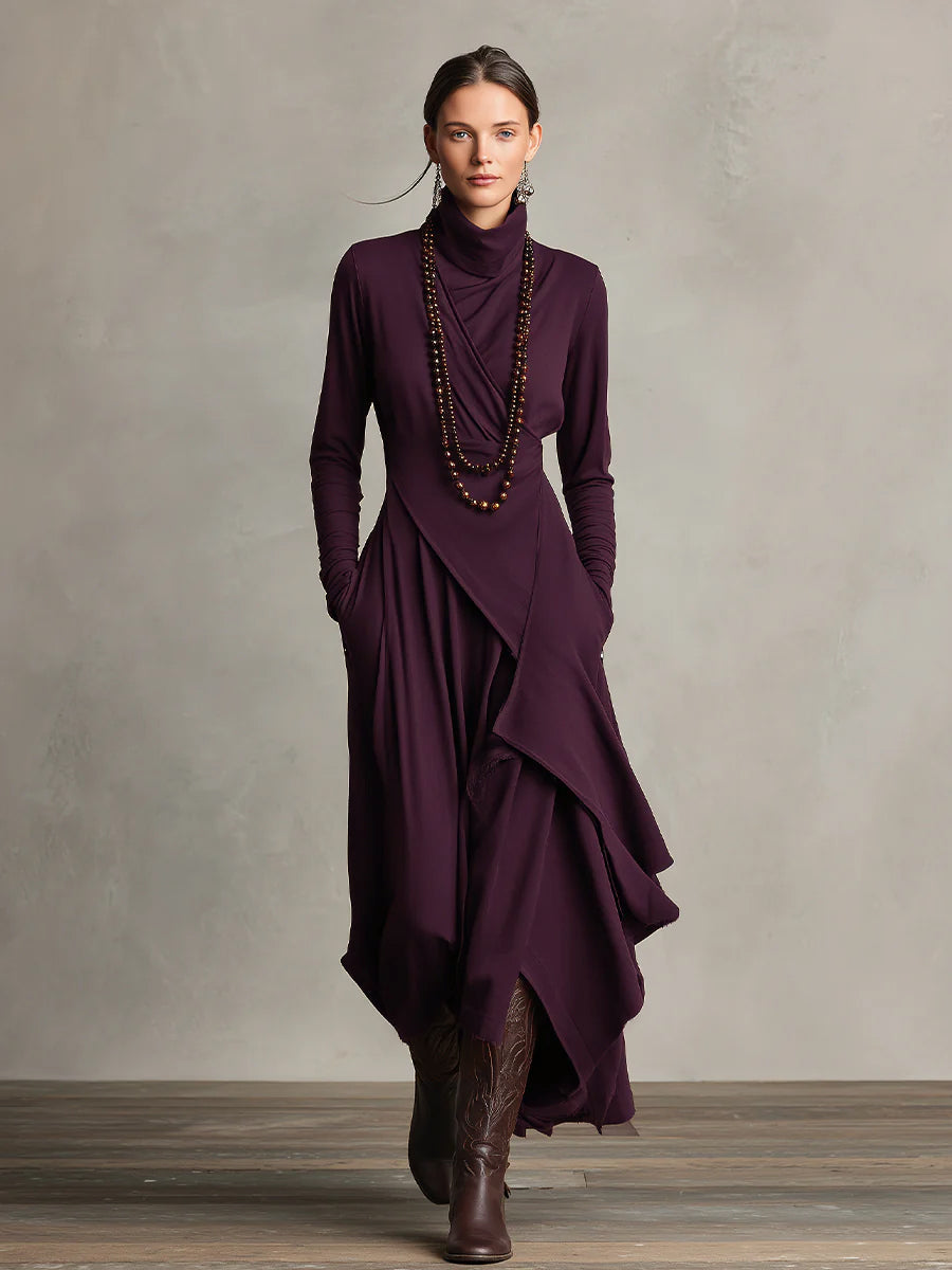 Women's Purple Bohemian Cotton Stretch Turtleneck Asymmetrical Draped Maxi Dress MDA2055J9I