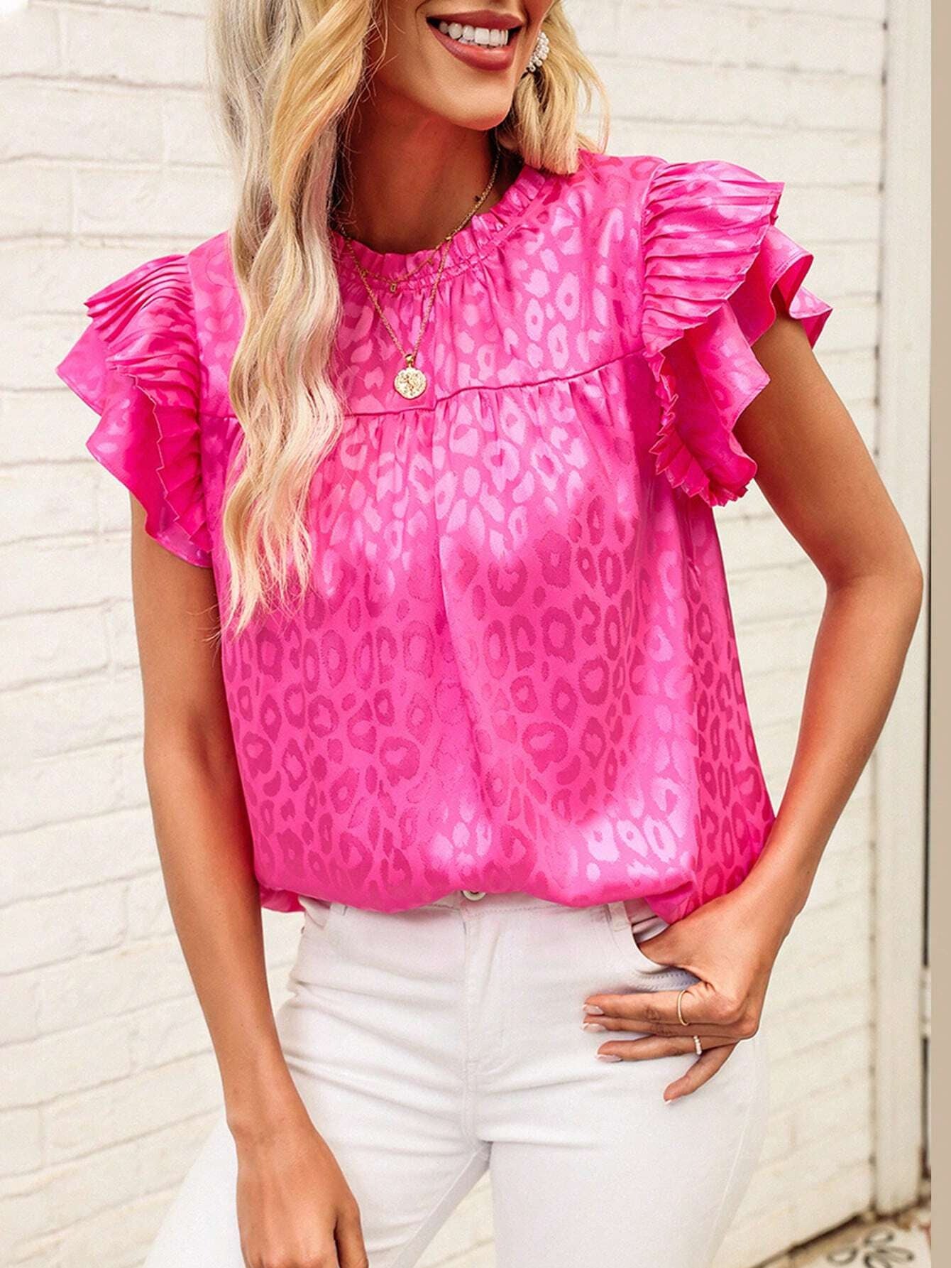 Women's summer new fashion all-matching printing lotus leaf sleeves wave collar women's blouse