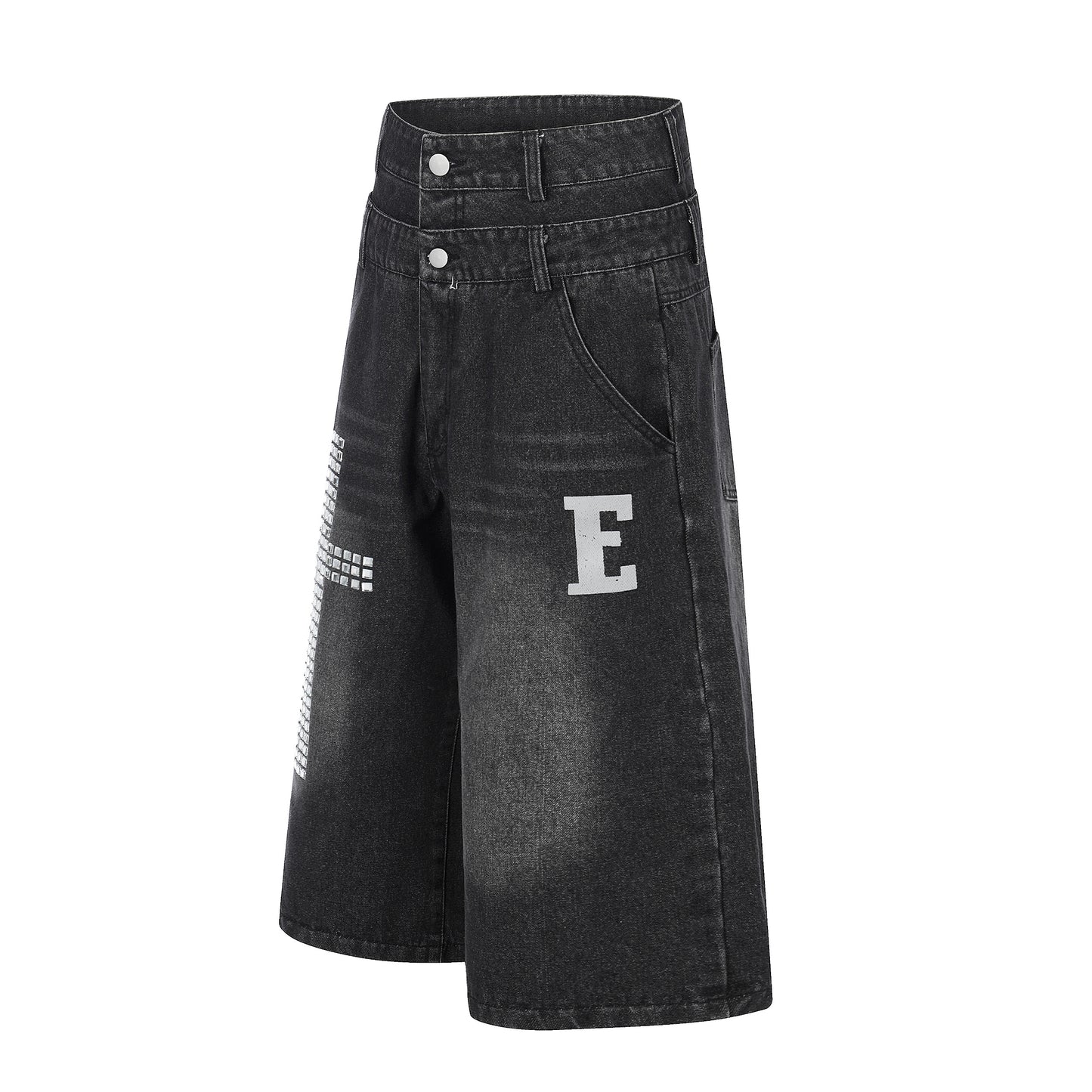 E Letter Cross Rhinestone Denim Shorts - Blue and Black Front